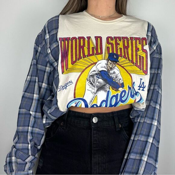 Reworked Upcycled Long Sleeve Plaid Blue World Series Dodgers Baseball Shirt - Picture 3 of 3